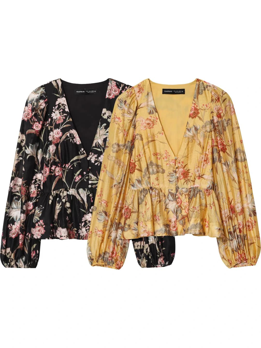 Women's floral peplum blouse: V-neck, long sleeve, A-line fit