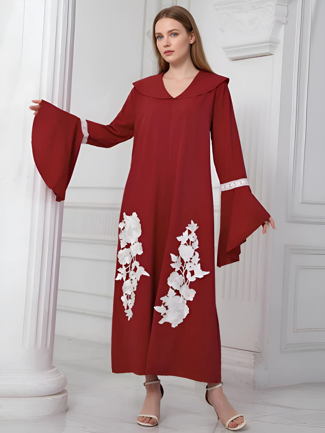 Ayollar uchun abaya ko'ylak, gullar kashtasi, qaytarma yoqa, uzun yengli, uzun yubka