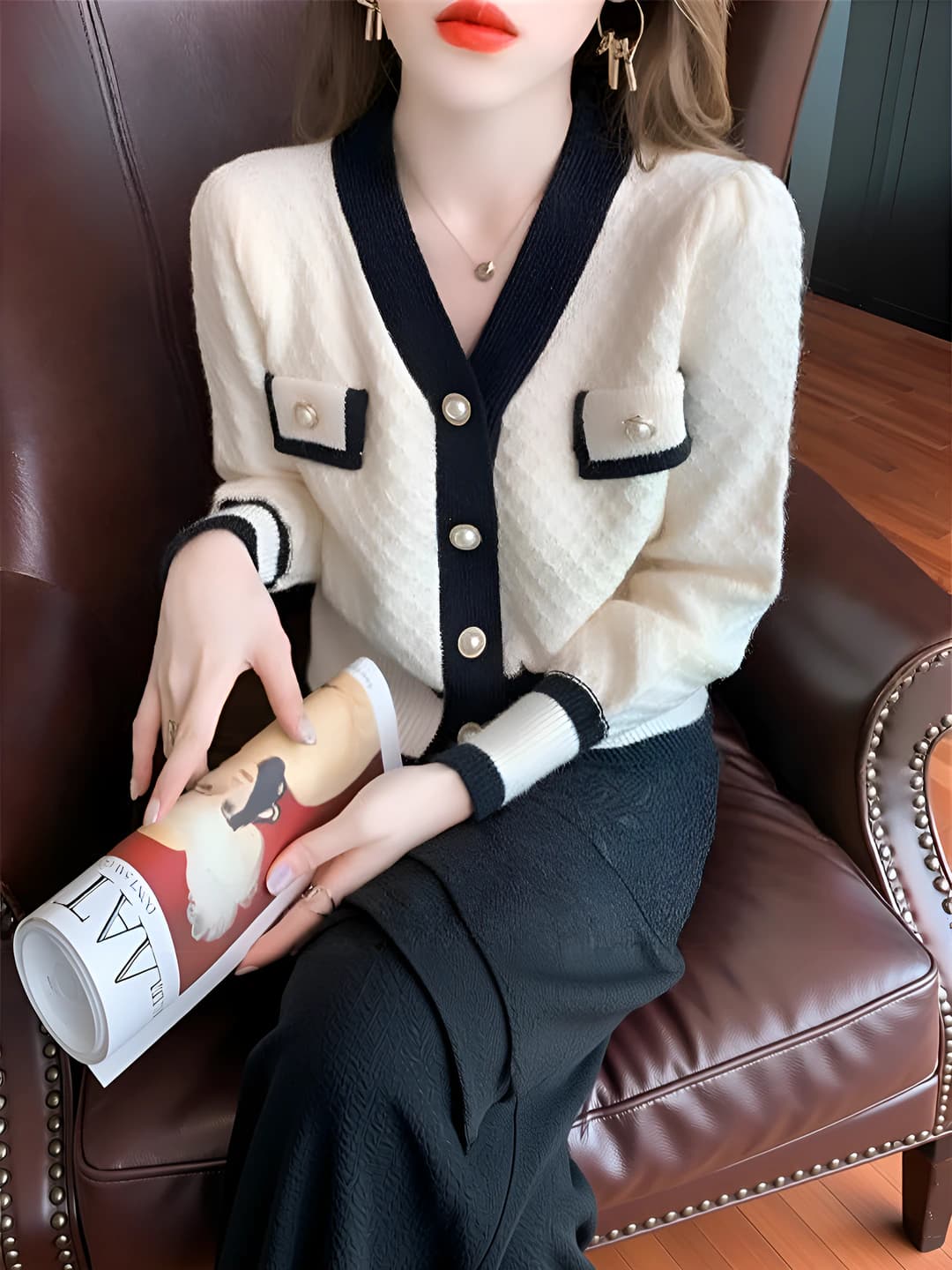 Women's knit cardigan, Korean style, V-neck, long sleeve, slim fit, slimming, spring-autumn