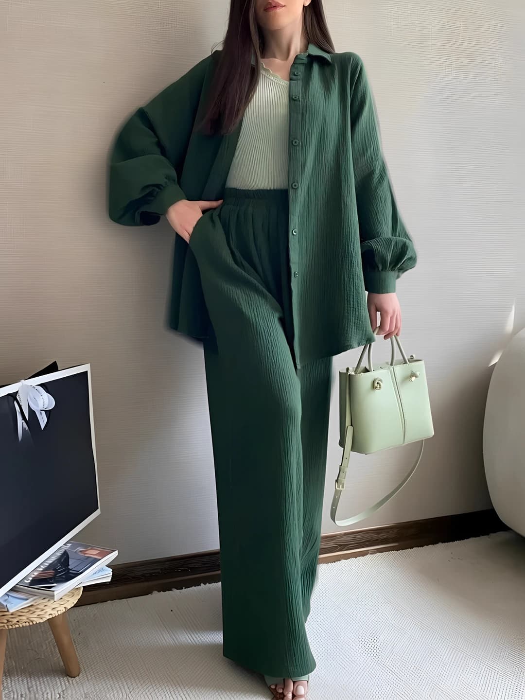 Women's casual set: long sleeve shirt and trousers, solid colour, loose fit, plus size