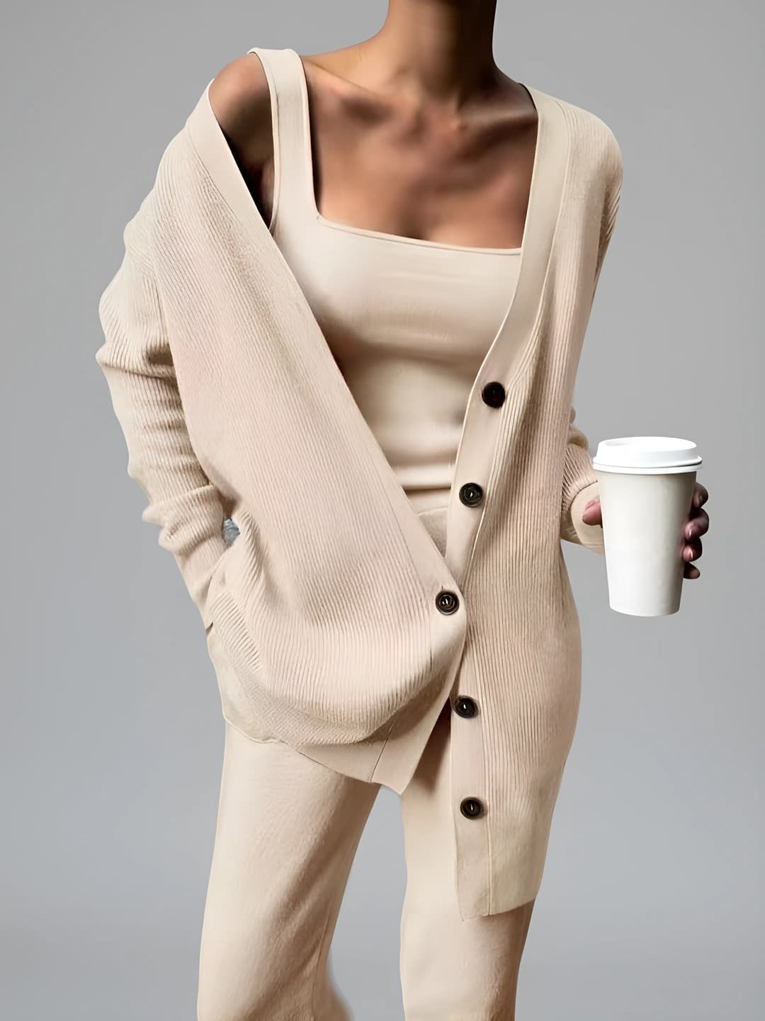 Women's 2026 autumn-winter knitted suit: outerwear (cardigan), tank top and trousers, long sleeve, solid colour, casual style