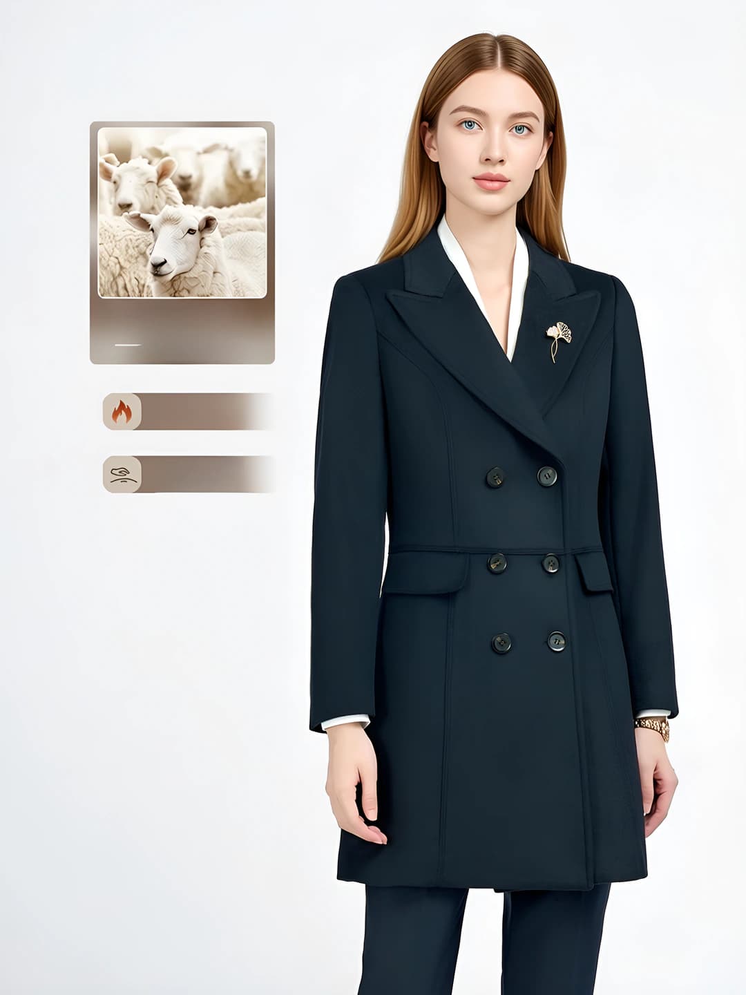 Women's wool coat, 95% wool, thickened, mid-length, winter, solid colour, blazer collar, long sleeve, double-breasted, Korean style