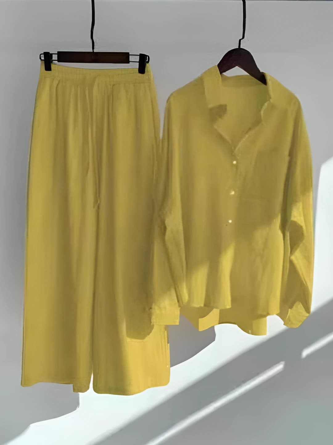 Women's shirt and ankle-length trousers set 2026 spring-autumn, plus size, solid colour, high waist, loose fit, long sleeve