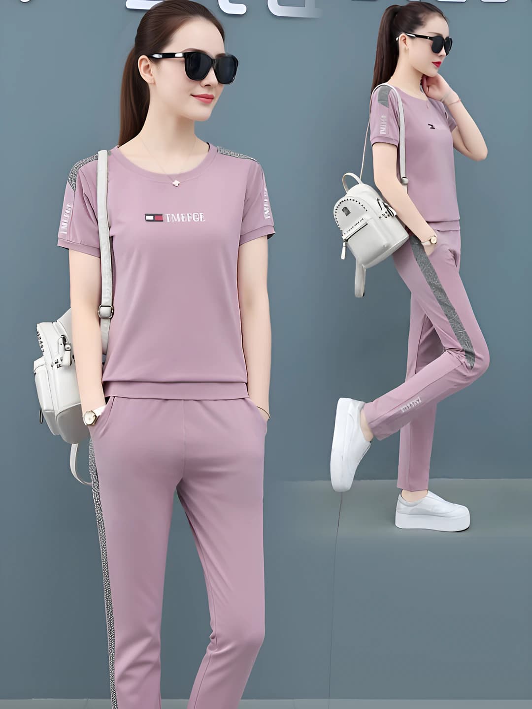 Women's Korean style casual set: short sleeve t-shirt and trousers, loose fit, sports, printed, for summer and spring
