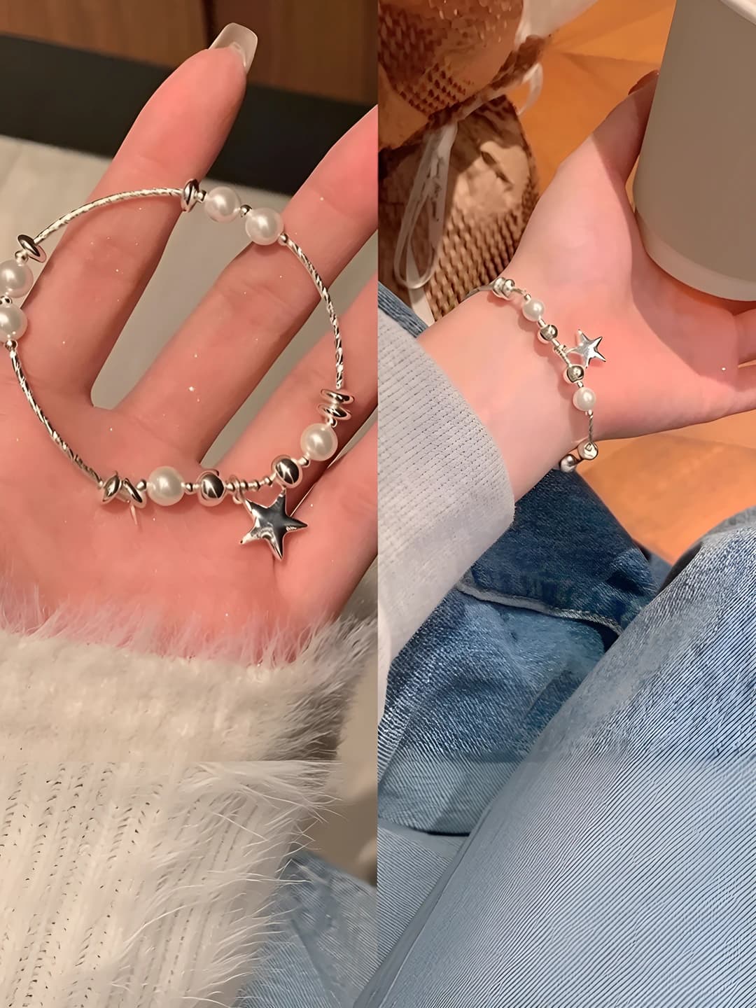 Women's Korean style retro silver beaded bracelet with pearl and star design elements