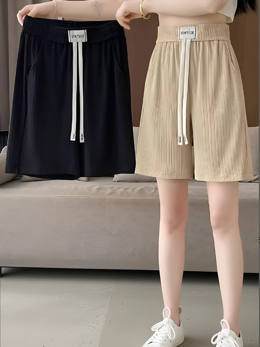 Ayollar uchun yozgi keng shorti, muz-ipak mato, yupqa, baland bel, bo'sh (oversize) kesim, kundalik sport uslubida