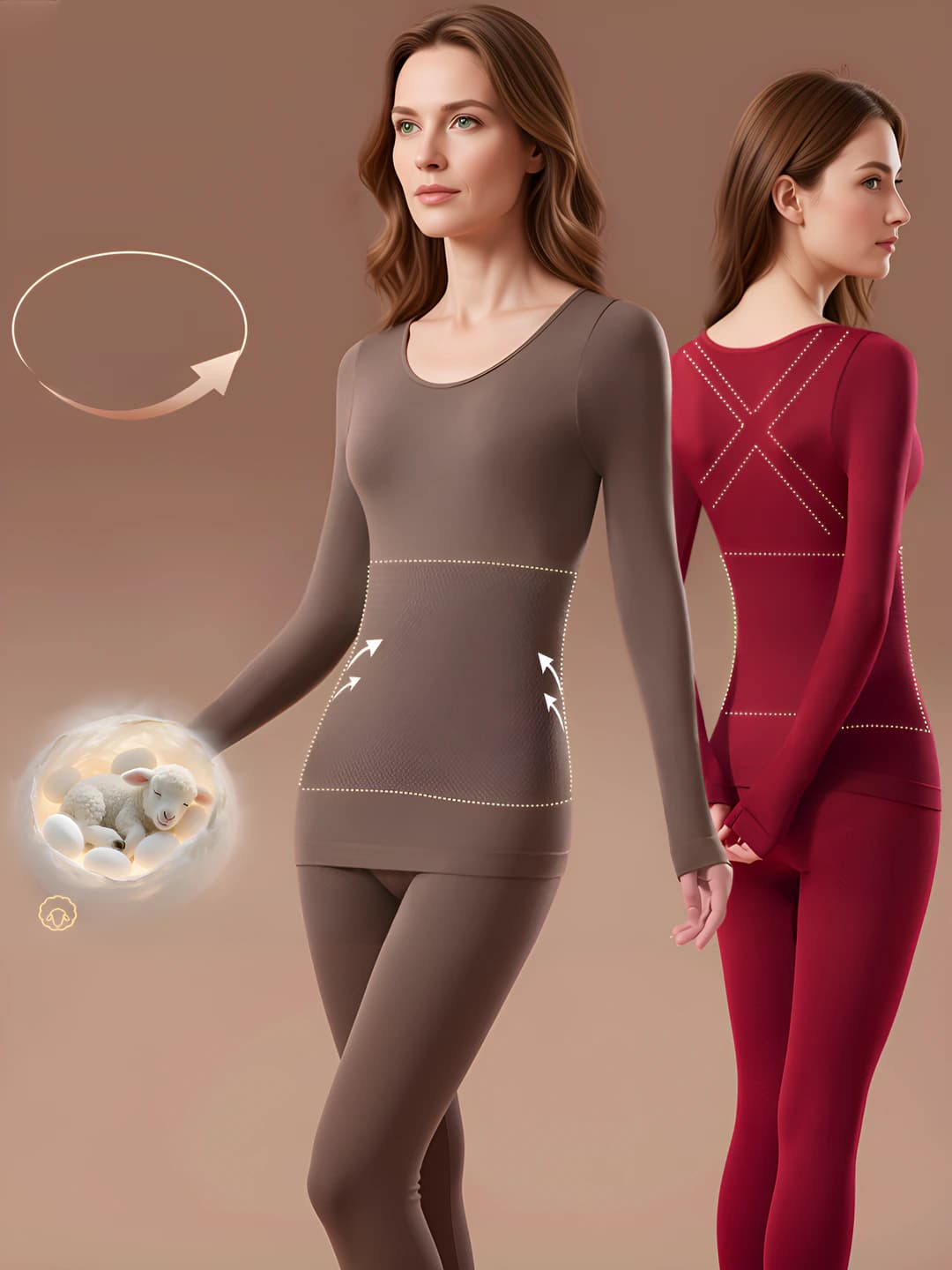 Women's thermal underwear set: warm, wool, slimming, tummy control, long sleeve top and trousers