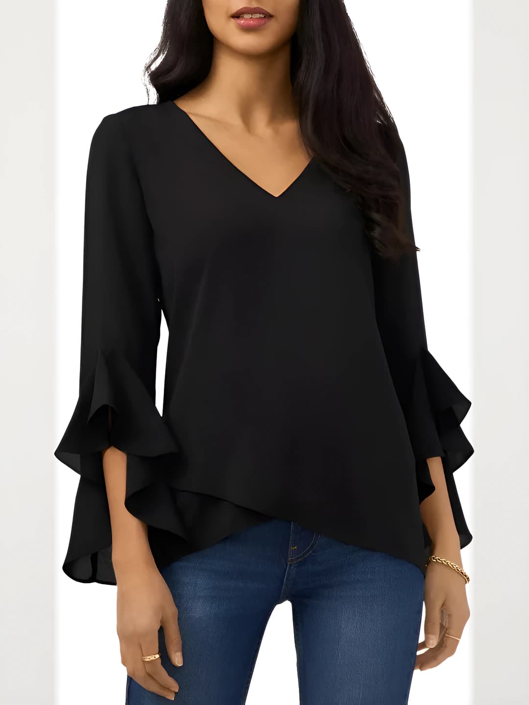 Women's V-neck blouse, three-quarter sleeve, solid colour, loose fit, autumn, 2026