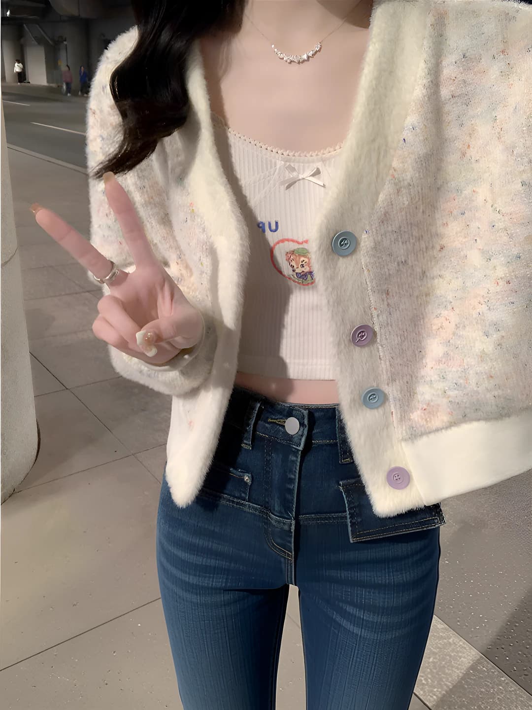 Women's knit cardigan: V-neck, long sleeve, cropped, color pattern, spring-autumn