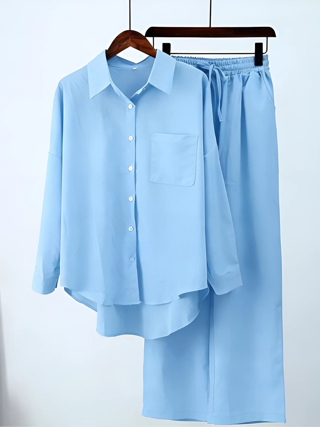 Women's plus size shirt and trouser set, 2026 spring, blue, high waist, loose fit