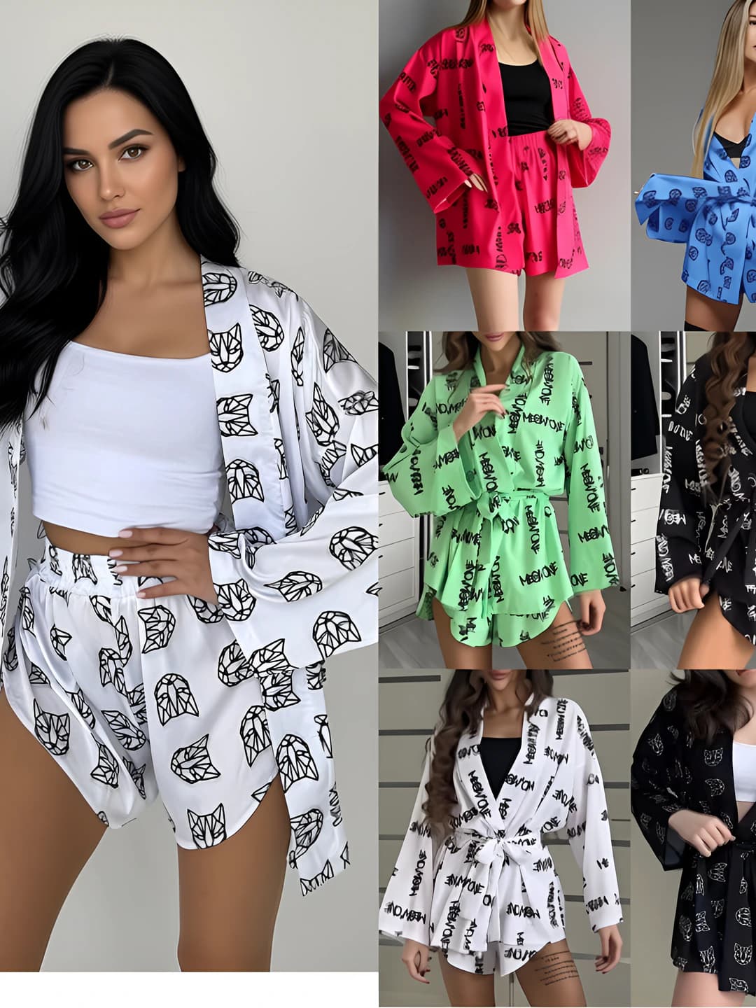 Ayollar uchun bosma naqshli uzun yengli bo'sh (oversize) pijama to'plami: bluzka va baland belli kalta shorti