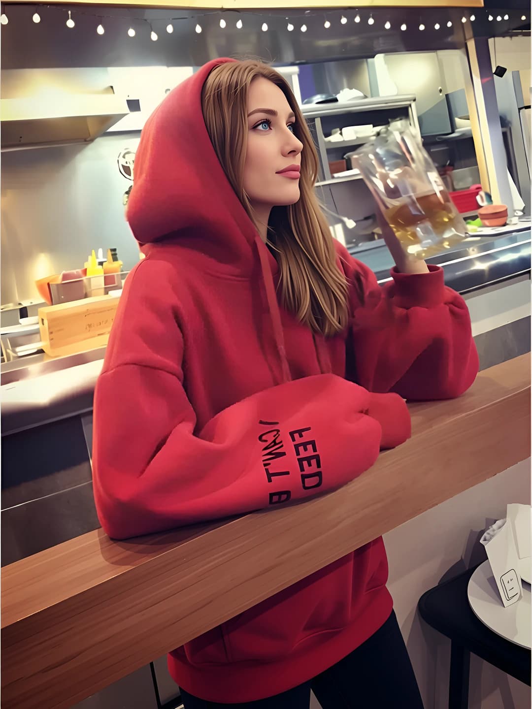 Women's Korean style loose fit fleece-lined hoodie, long sleeve, letter pattern, regular length
