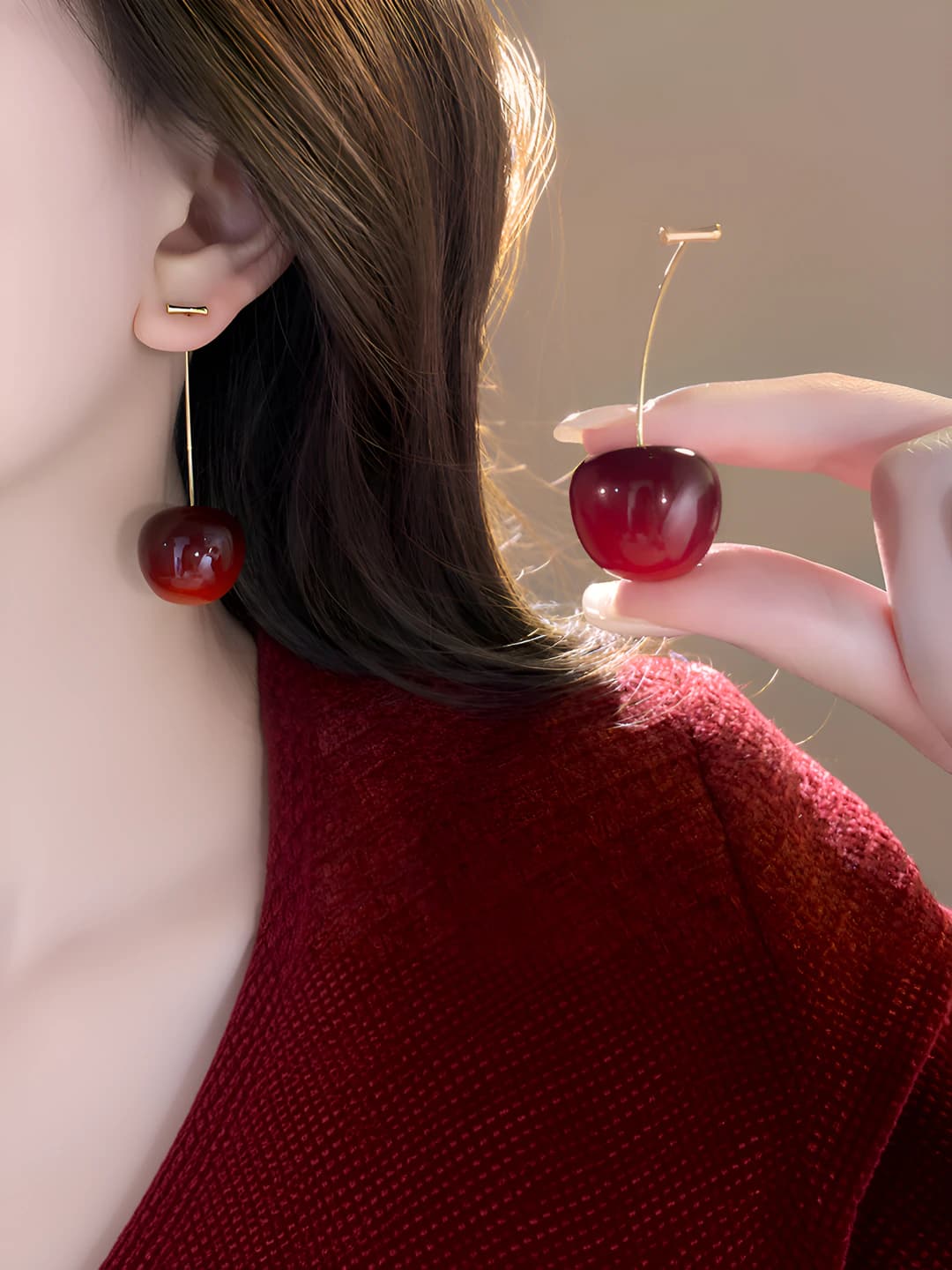 Women's earrings with large red cherries, 2026, luxury style, resin material, 925 silver post, fruit design element