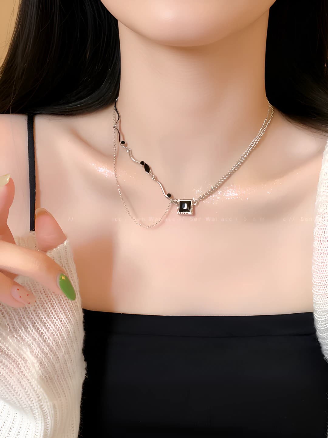 Women's black square zircon necklace, geometric shape, multi-layer, short chain, sweet and edgy style