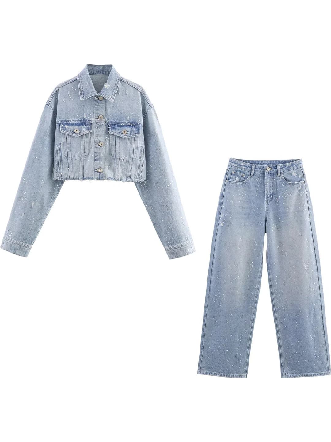 Women's 2026 ins style cropped denim jacket with rhinestones and trousers set