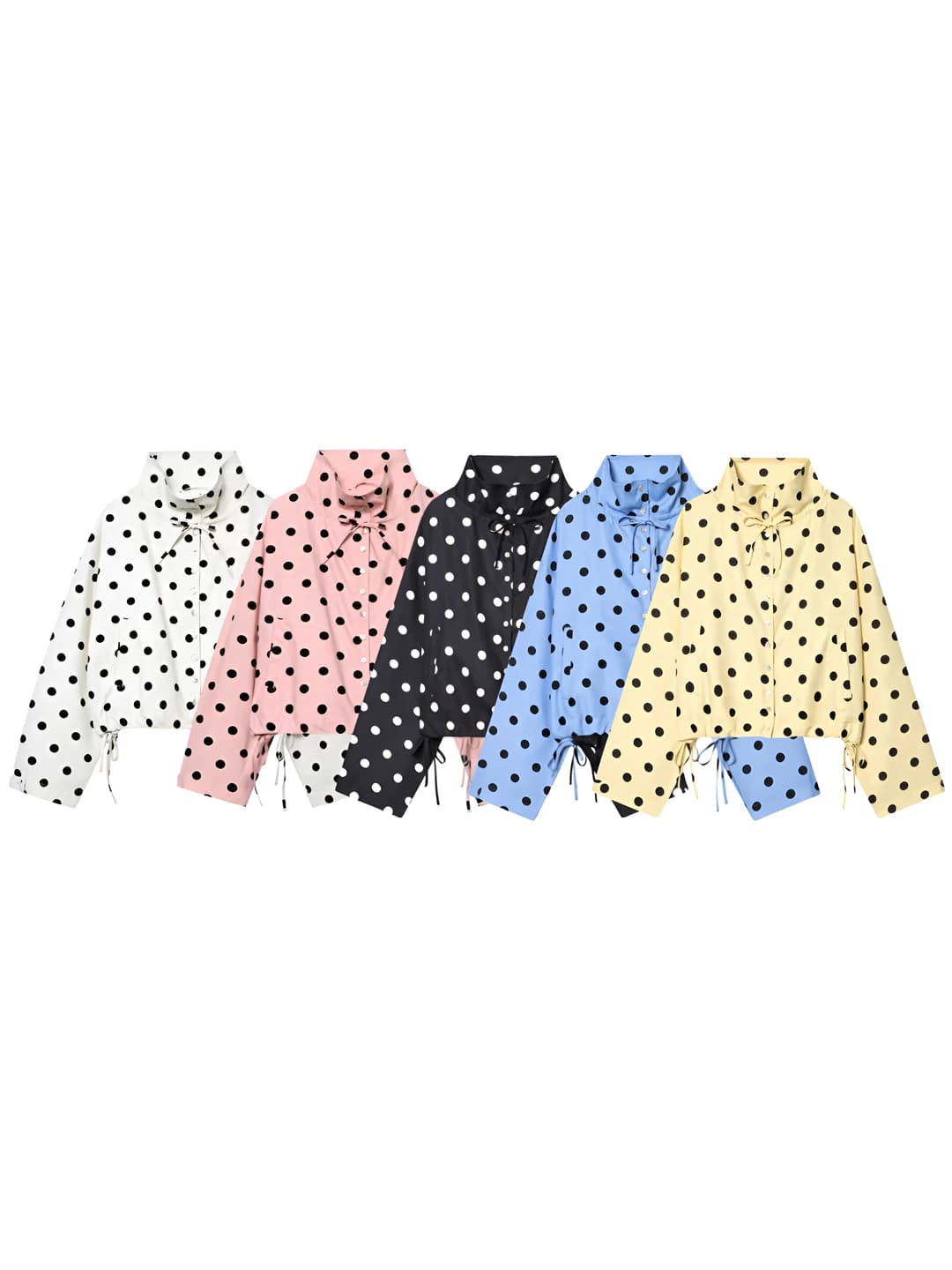 Ayollar uchun polka-dot kalta yengil kurtka, tik yoqa, uzun yeng, bo'sh (oversize), nozik ko'rsatadigan, kundalik