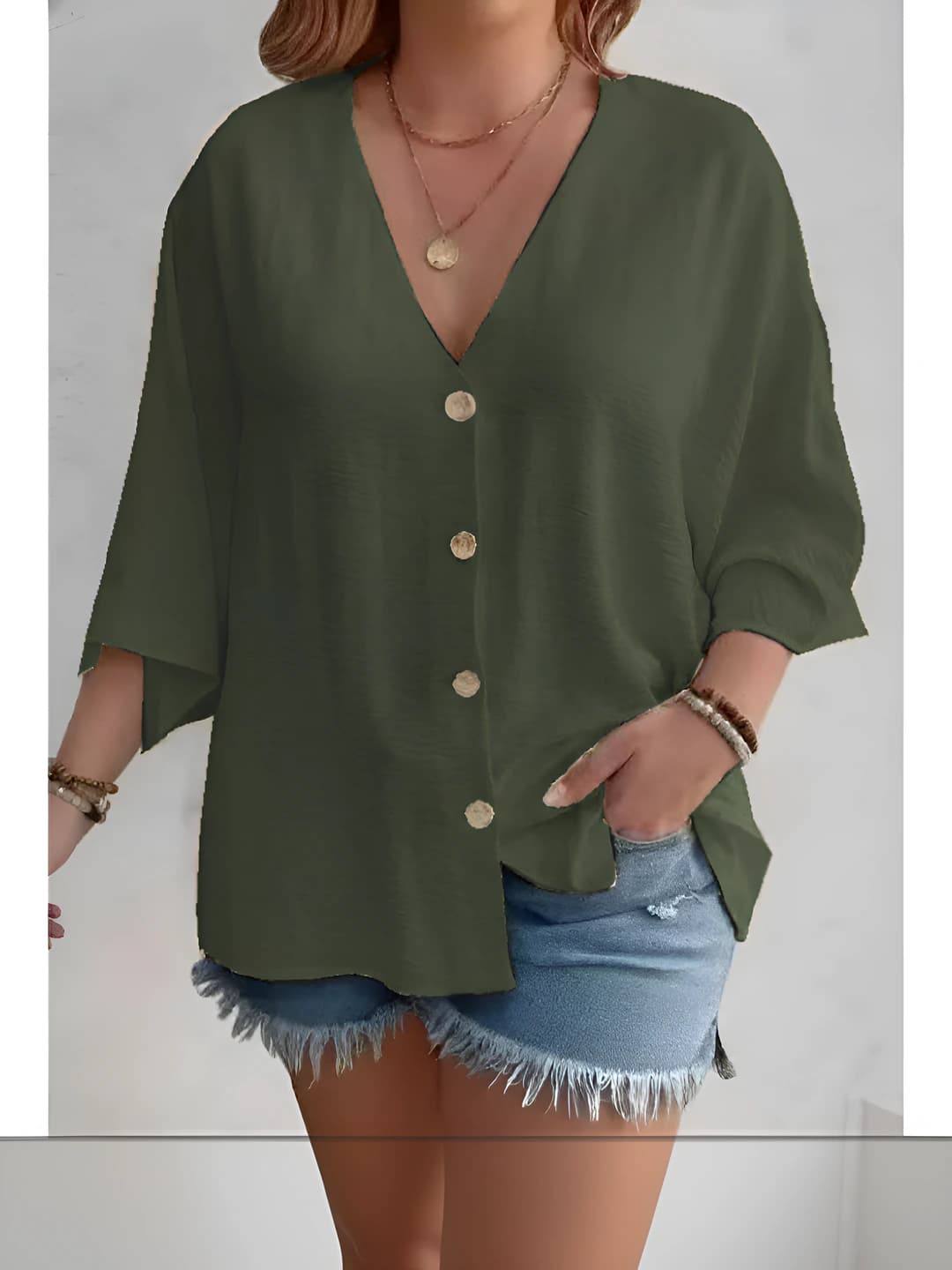 Women's spring-summer solid colour V-neck button-up cardigan with loose fit
