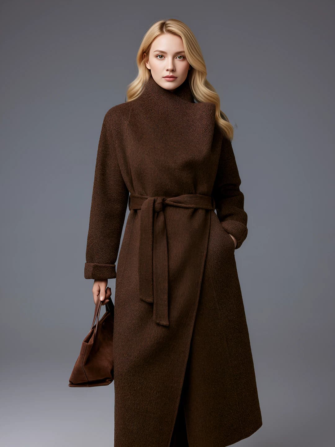Women's winter retro long coat with stand collar, loose fit, wool, solid colour, long sleeve, closure: tie