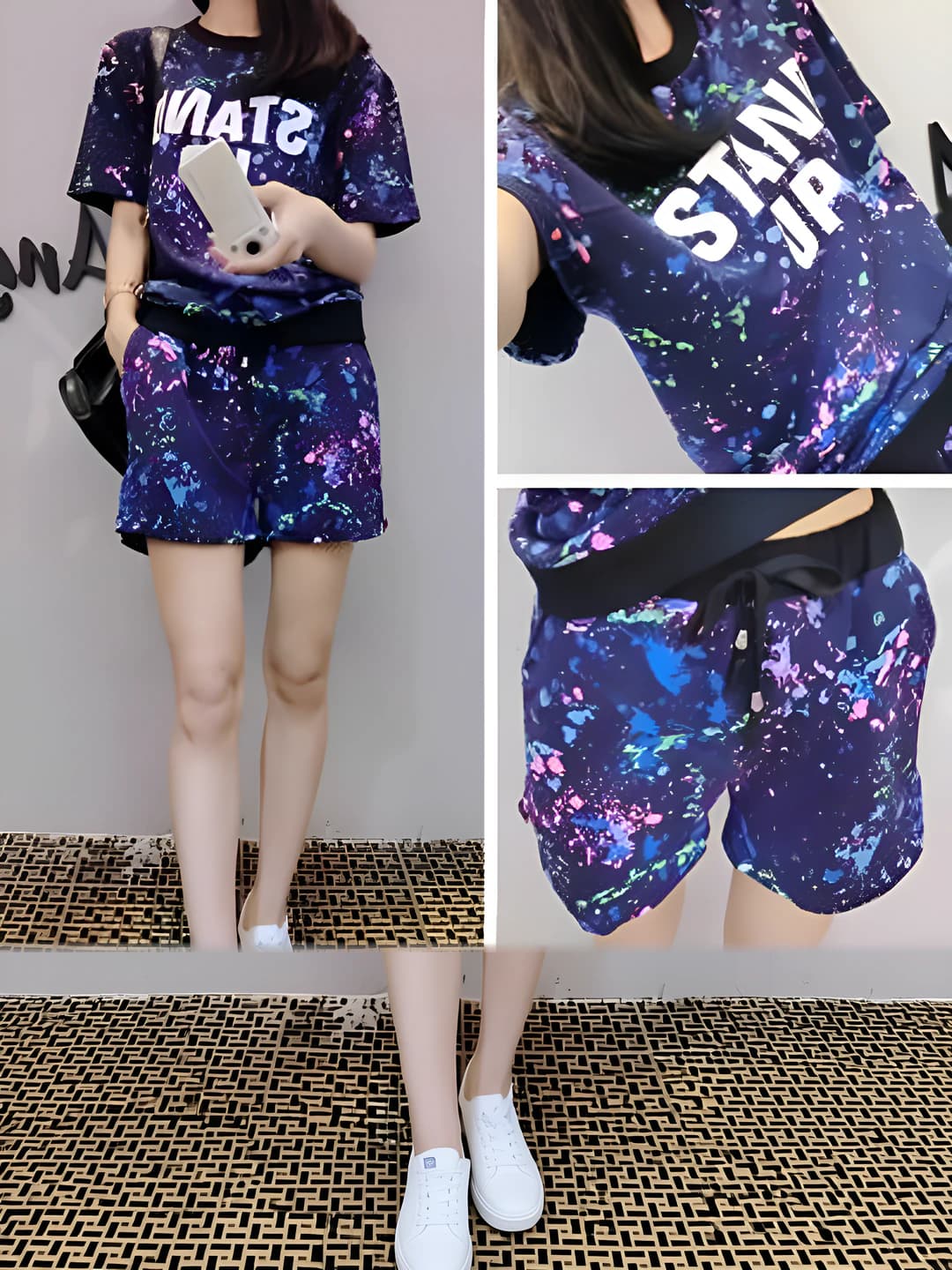 Women's t-shirt and shorts set: loose fit, crew neck, short sleeve, printed, casual