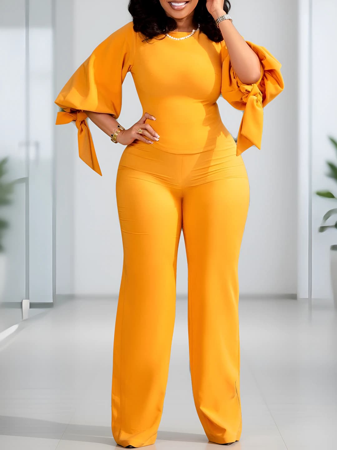 Women's casual set: loose fit plus size tie top with high waist, three-quarter sleeve, wide-leg trousers