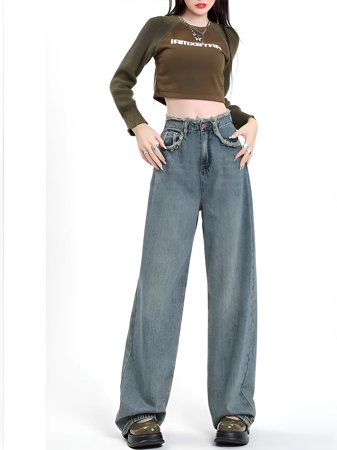 Women's retro blue wide and flared jeans, high waist, straight cut, loose fit, trousers, spring-autumn 2026