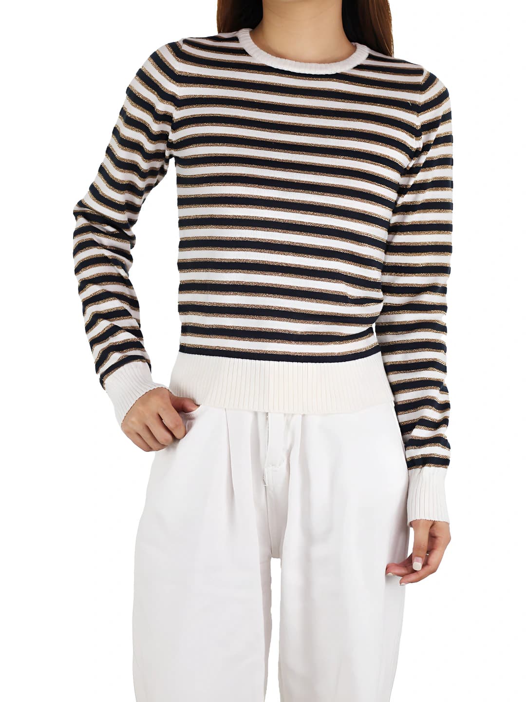 Women's striped long-sleeve knit sweater, autumn-winter, crew neck, loose fit, 70-80% viscose and 30% polyester