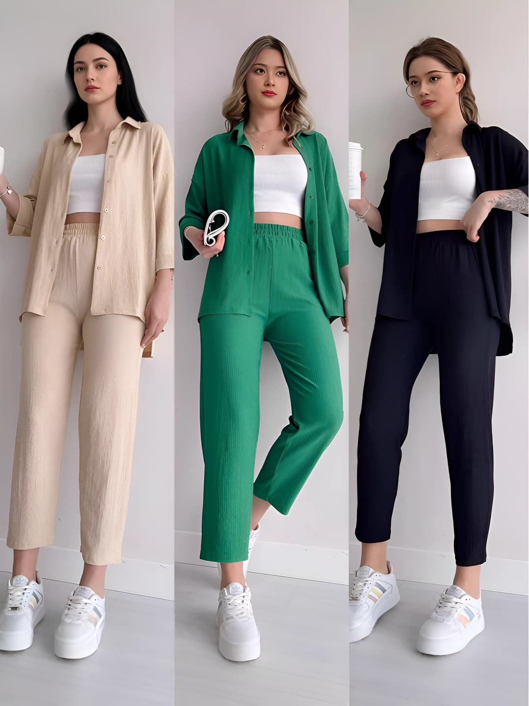 Ayollar uchun ko'ylak va shim to'plami: uzun yeng, baland bel, bo'sh (oversize) to'piqqacha shim, katta o'lcham, bahor, retro, kundalik