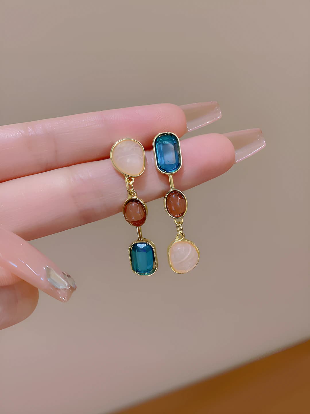 Retro asymmetric colored gem earrings for women, 925 silver post, Korean style