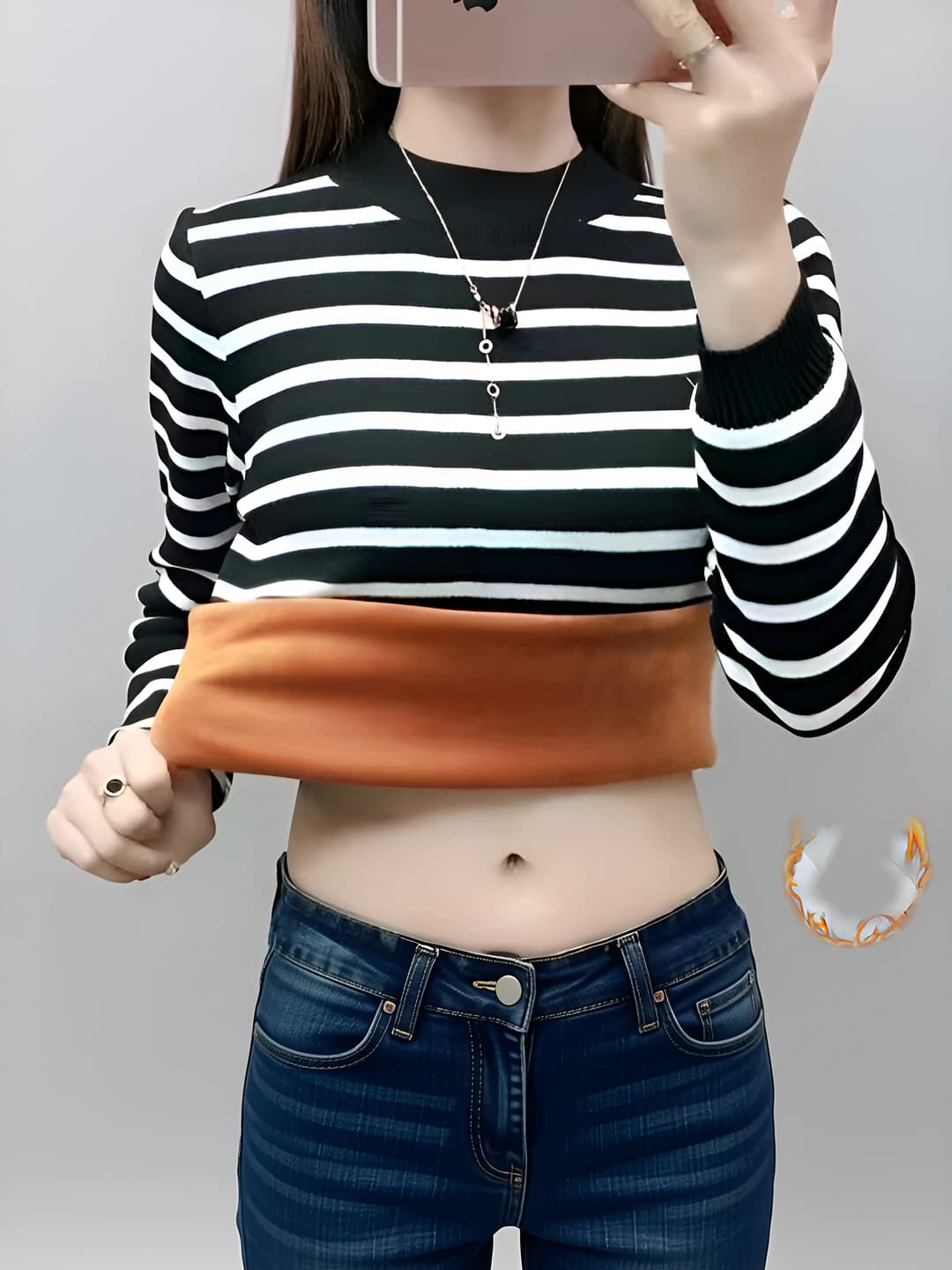 Women's striped long-sleeve pullover sweater, fleece-lined, thickened, slim fit, mock neck, autumn-winter