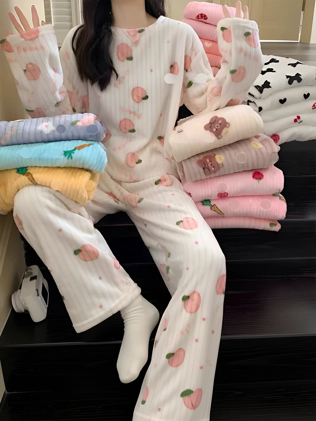 Women's coral fleece pajama set (2-piece), thickened, crew neck, long sleeve, trousers, for autumn-winter