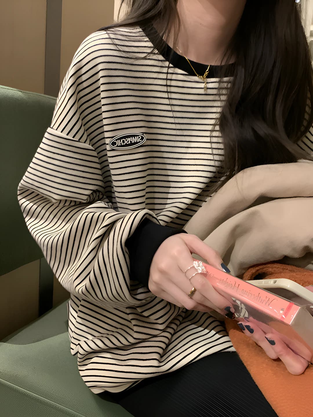Women's striped crew neck long sleeve sweatshirt, Korean style, loose fit, autumn 2026