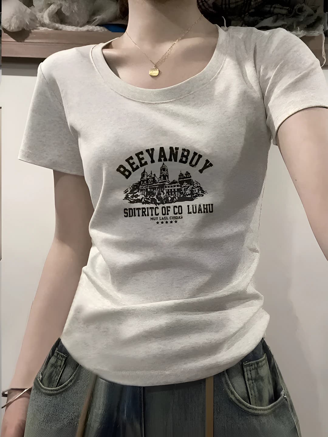Women's retro crew neck short sleeve slim fit slimming cropped t-shirt, summer, 2026