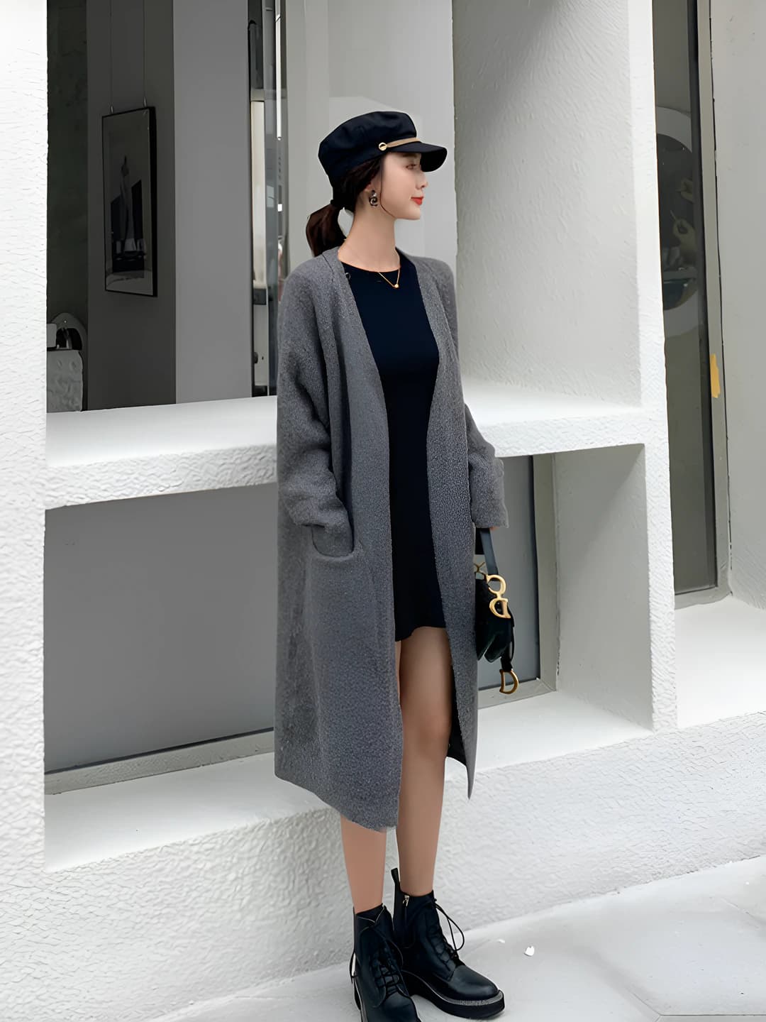 Women's autumn-winter cardigan, Korean style, loose fit, thickened, cashmere, V-neck, long sleeve, mid-length
