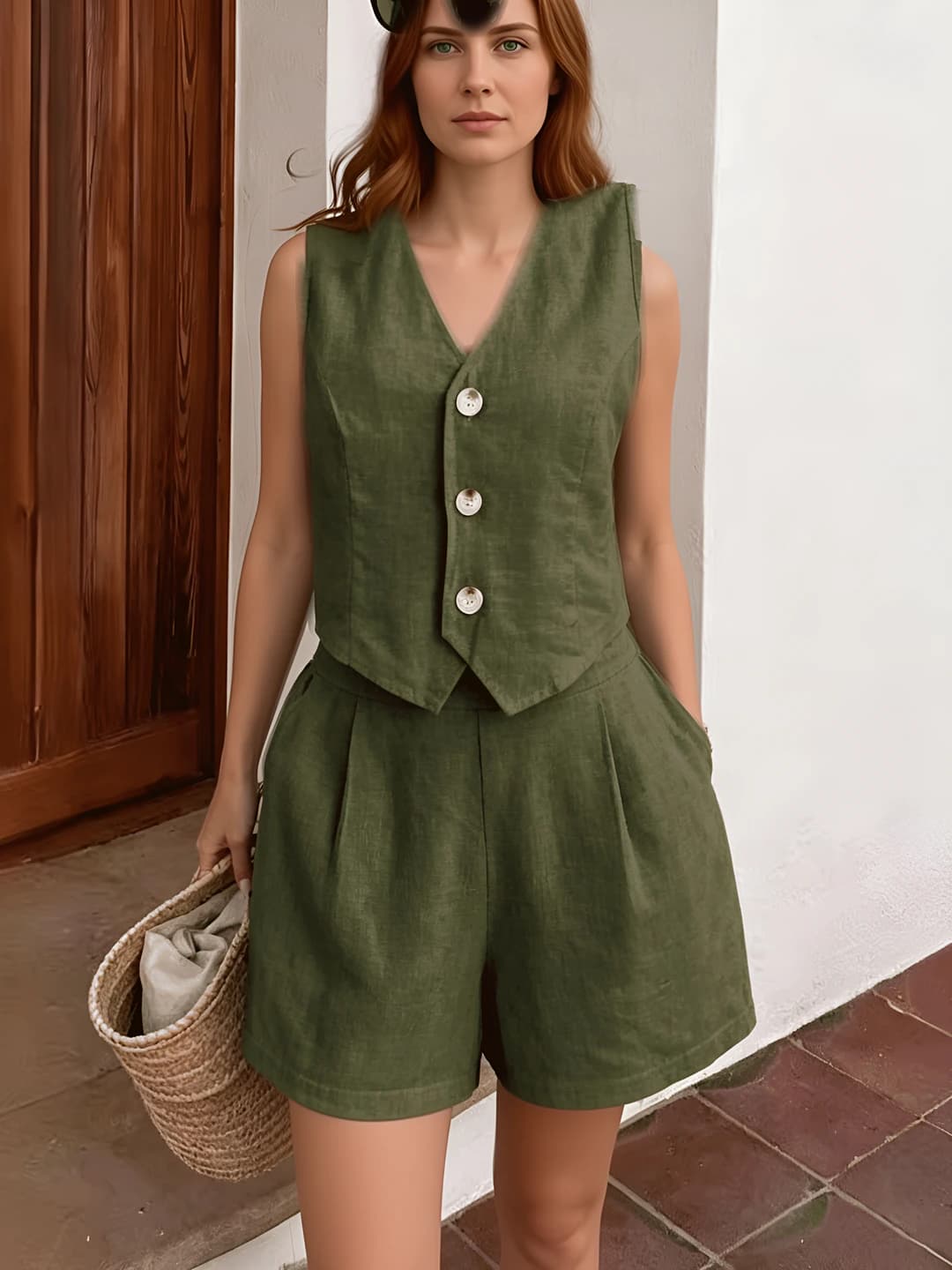 Women's 2026 summer sleeveless V-neck casual set (cardigan and short shorts), main fabric composition: 50%–70% (inclusive) linen, fabric 2: up to 30%, solid colour, non-iron