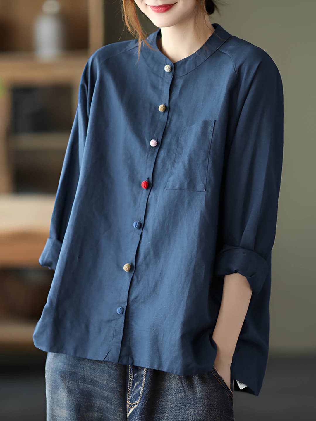 Women's 2026 spring-autumn retro long-sleeve loose fit cotton-linen shirt with lapel collar