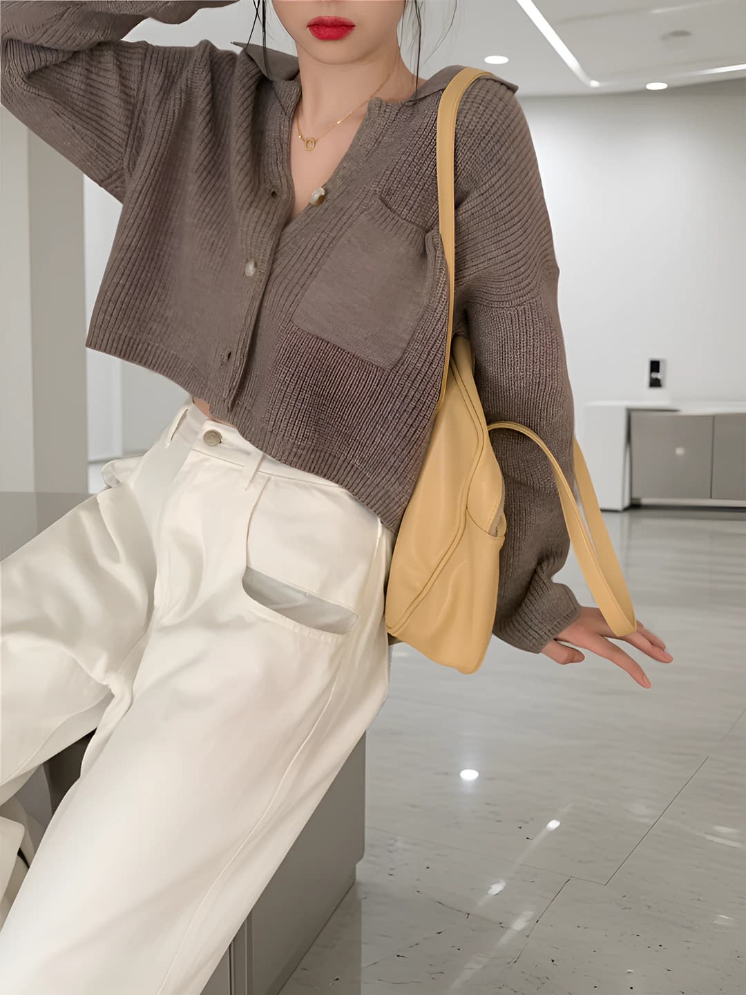 Women's Korean style cropped knit cardigan, spring-autumn, slimming, solid colour, loose fit, long sleeve, lapel collar
