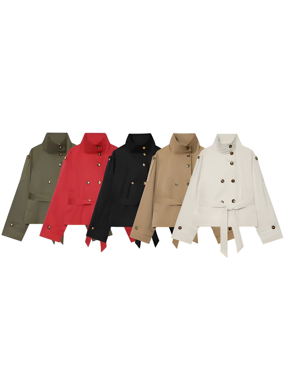 Women's trench coat: A-line fit, stand collar, long sleeve, double-breasted, solid colour polyester
