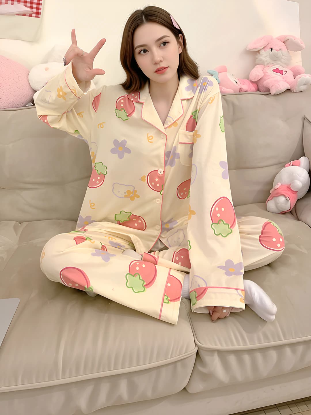Women's autumn-winter pajama set: long sleeve cardigan and trousers, polyester, lapel collar, printed (loungewear)