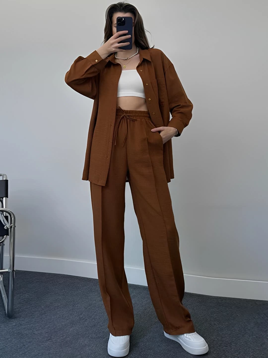 Women's 2026 spring casual set: solid colour loose fit long sleeve shirt and trousers