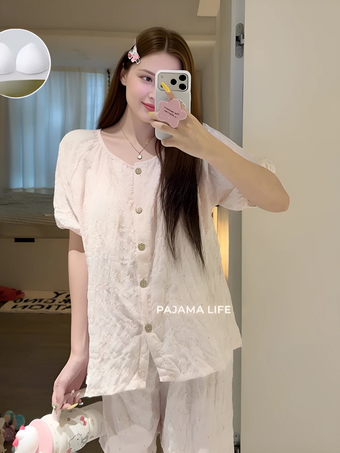 Ayollar uchun yozgi pijama to'plami: dumaloq yoqa, kalta yeng, shorti, yupqa mato, ko'krak protezli, uy kiyimi