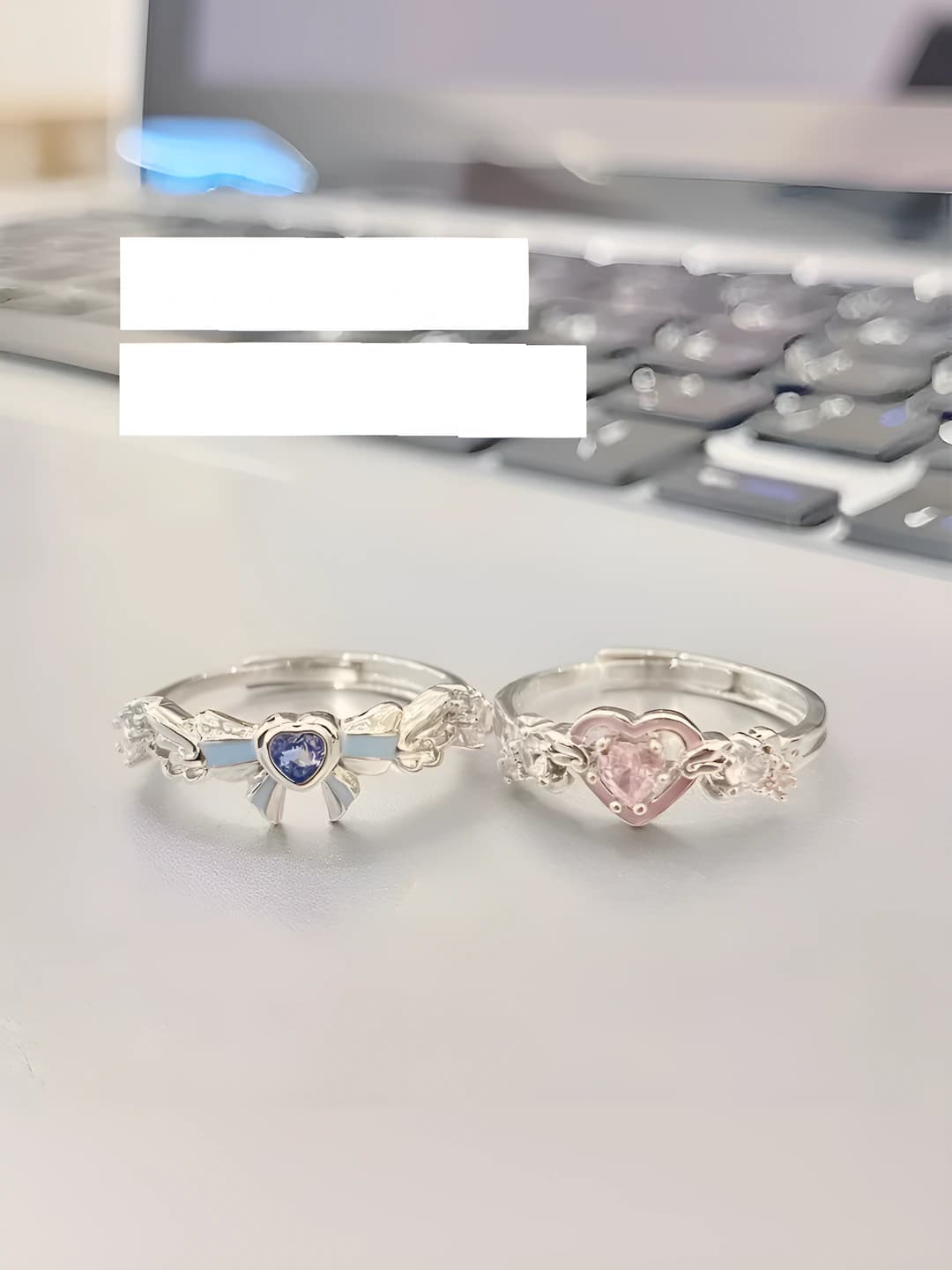 Pink and blue heart-shaped bow ring in cute style for girls