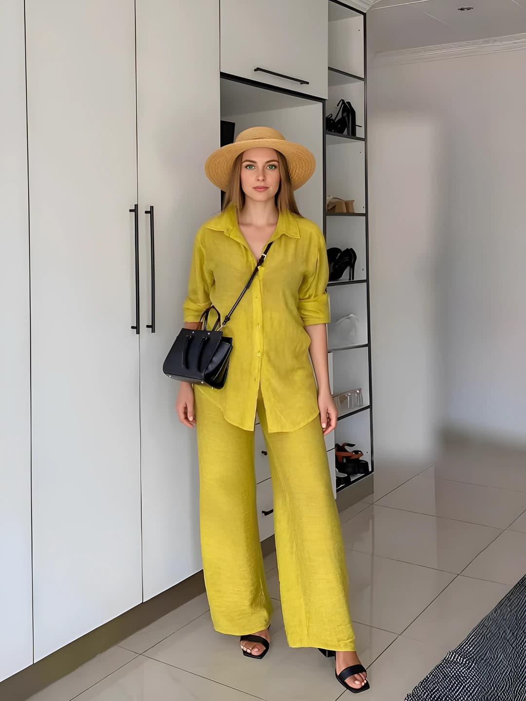 Women's 2026 spring casual set: loose fit, solid colour, button shirt, long sleeve, trousers