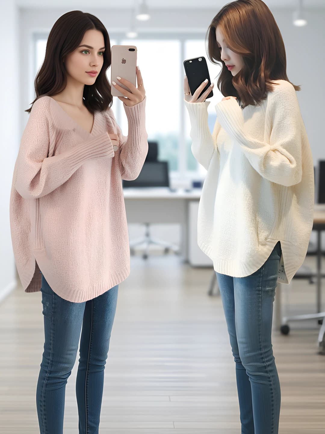Ayollar uchun V-yoqali bir rangli bo'sh (oversize) sviter, kuz-qish, koreys uslubida, uzun yeng, trikotaj sviter