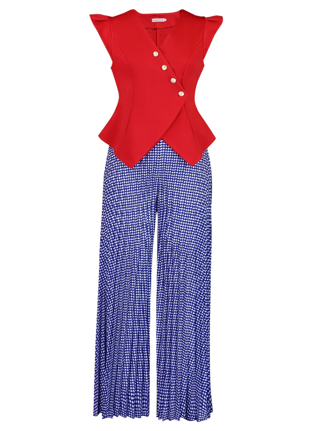 Red top, blue plaid pants