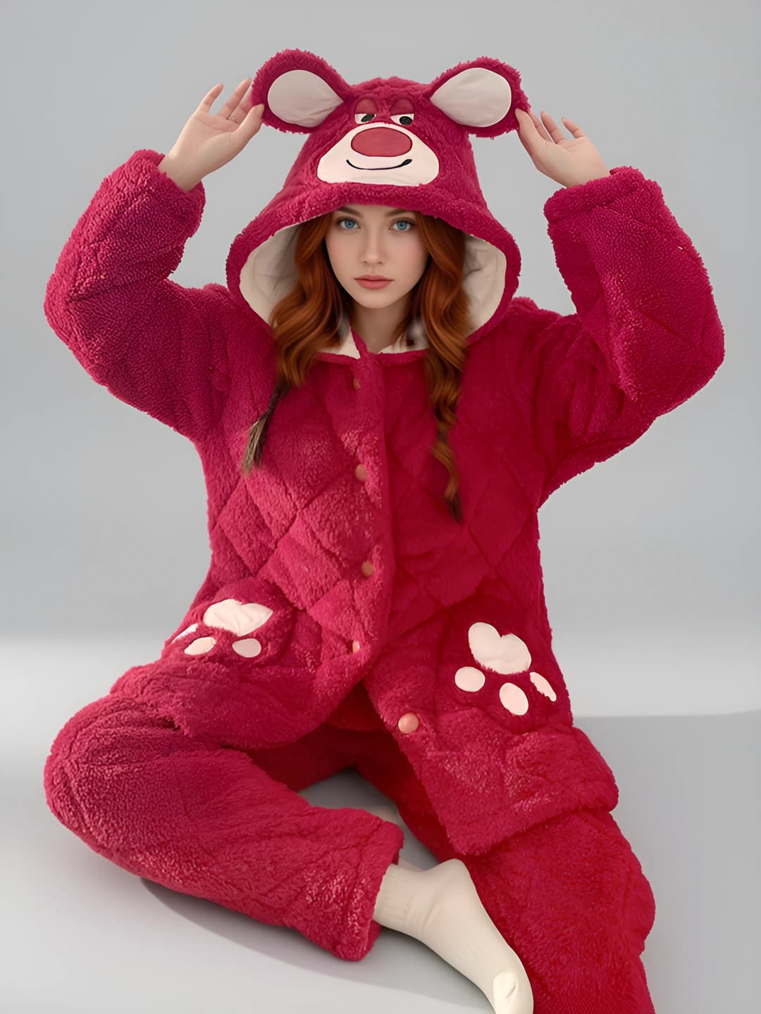 Women's winter fleece-lined coral fleece pajama set, long sleeve, trousers, warm, for autumn-winter