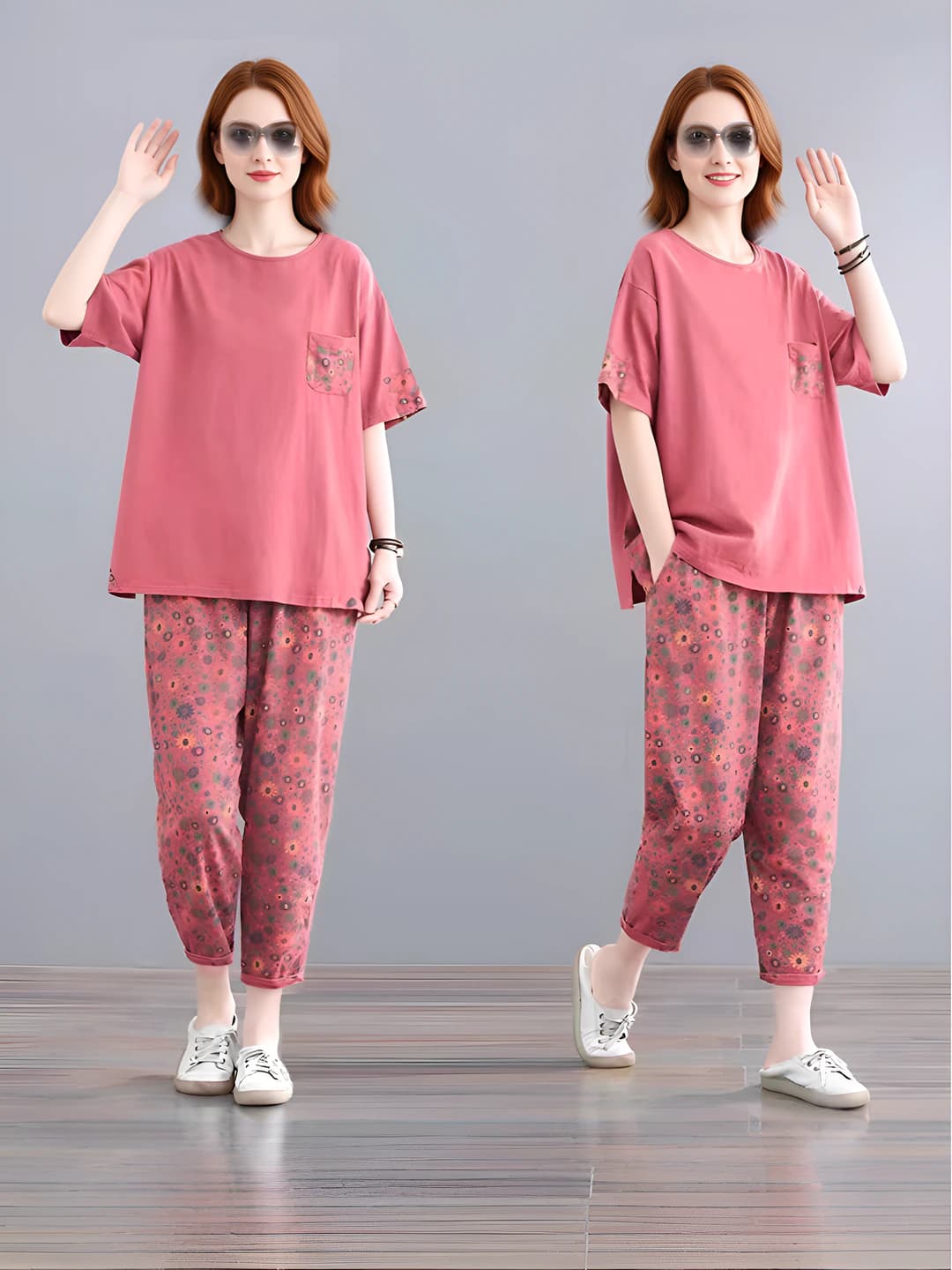 Women's summer sports plus size loose fit retro set: short sleeve t-shirt and ankle-length trousers