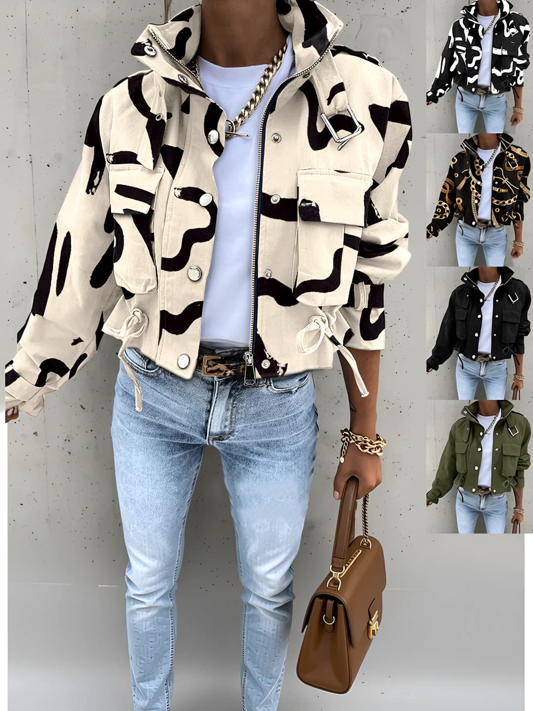Women's 2026 autumn printed zip-up short casual jacket