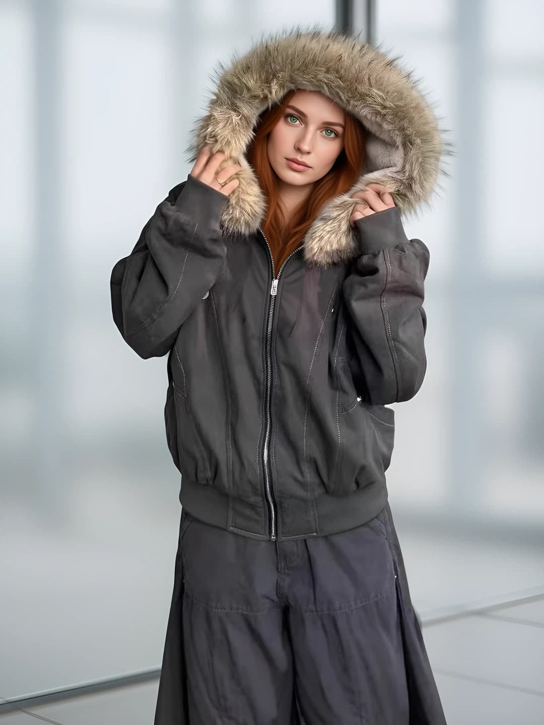 Women's winter padded down jacket, retro style, down-alternative fill, faux fur hood, loose fit, zip, solid colour, cropped