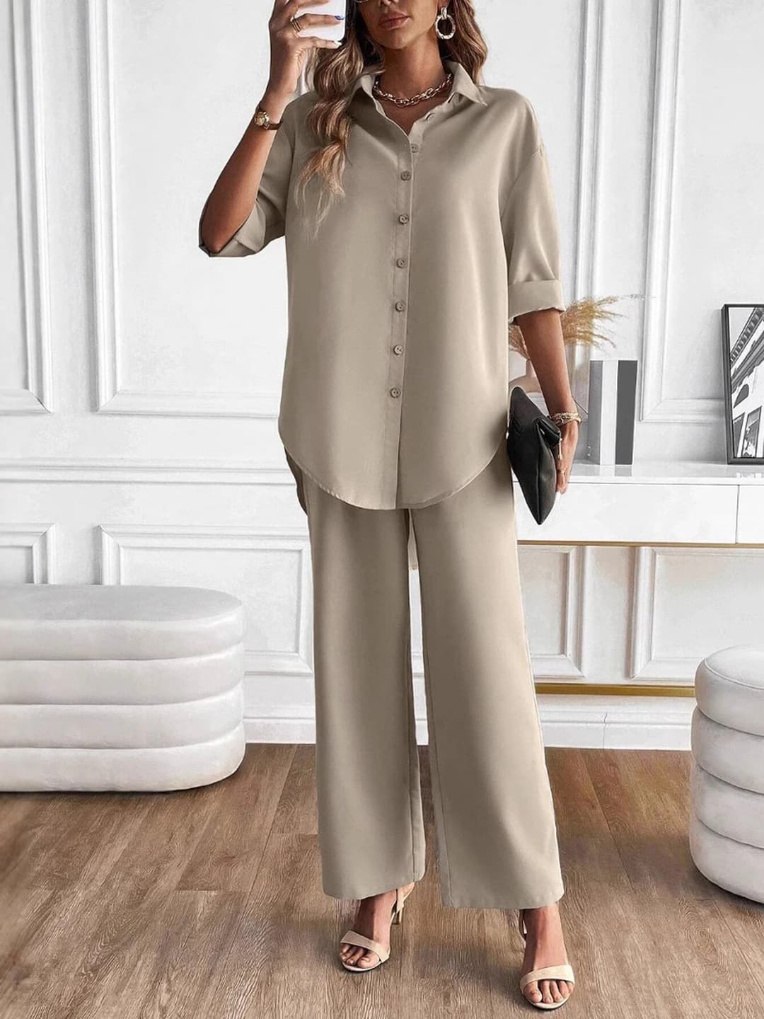 Women's 2026 casual set: loose fit long sleeve shirt and trousers, apricot color