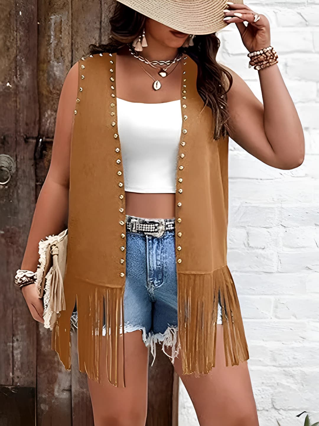 Women's sleeveless fringed vest, slim fit, ultra-thin, cropped, retro style